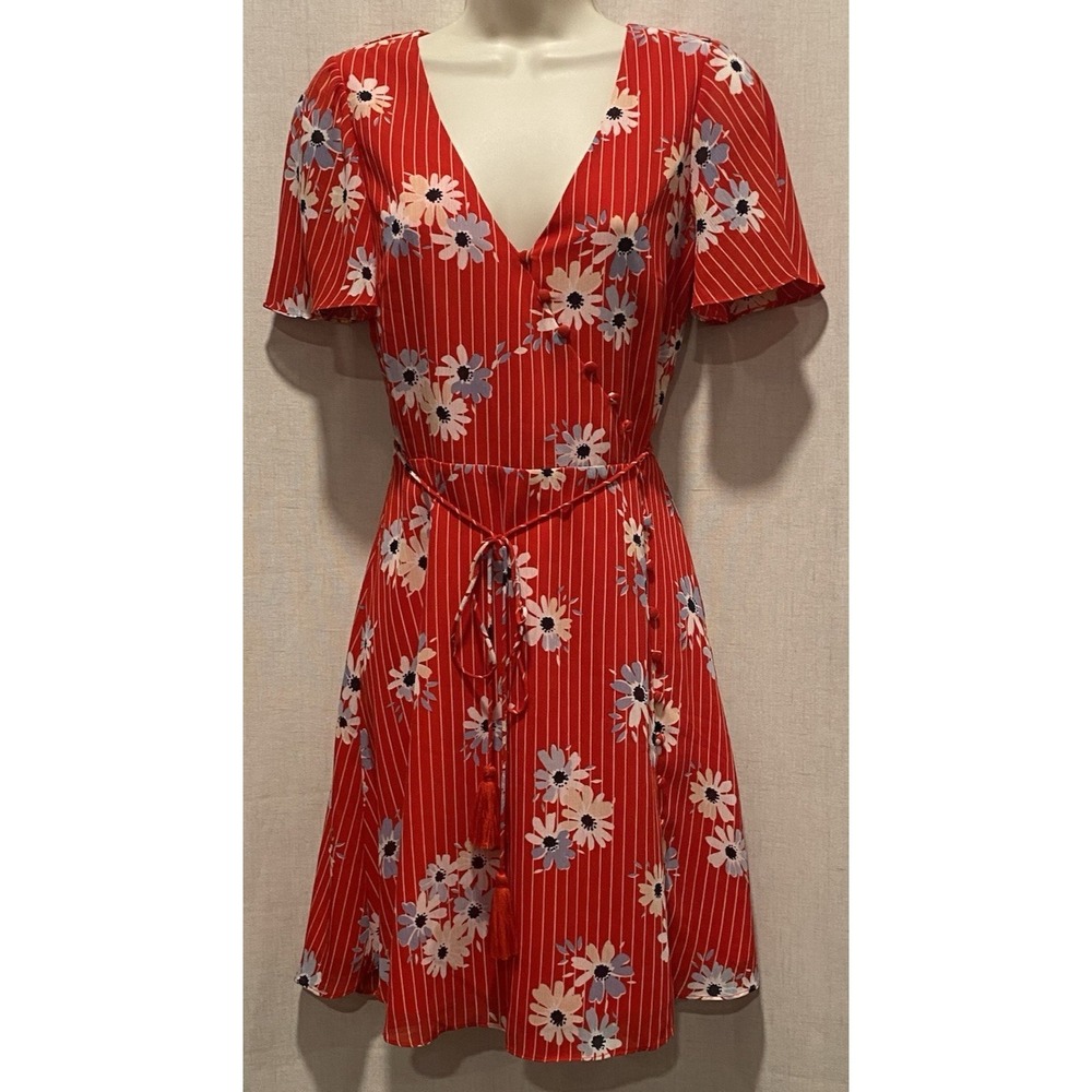 Madewell Red Wrap Dress Women's Sz 00 Pinstriped Floral Print C 32" W 28" L 34"